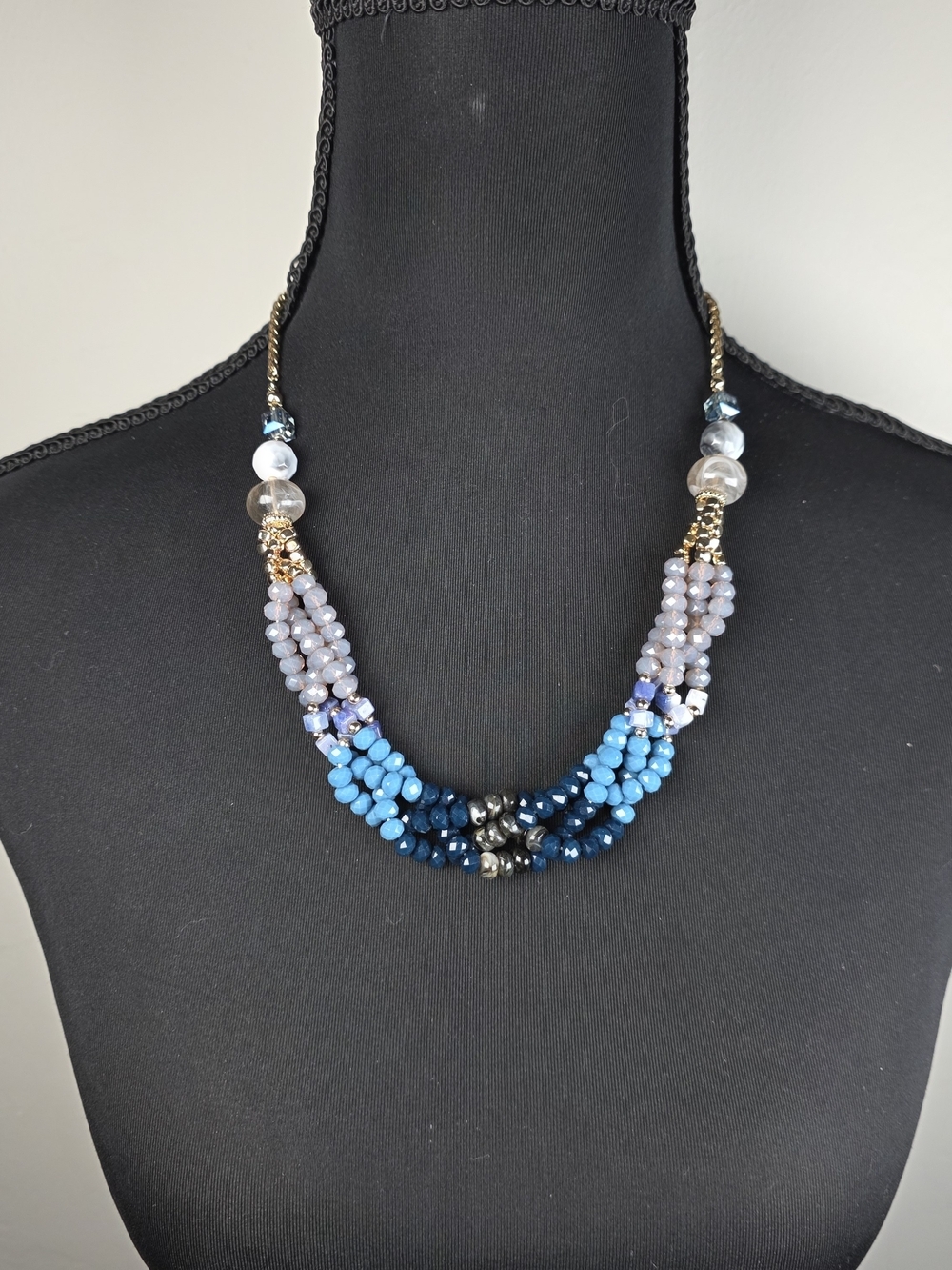 SHB Shofel Bros Blue Multi Strand Beaded Statement Necklace 21"